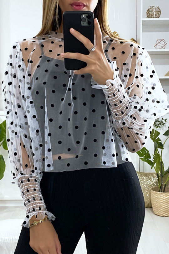White voile blouse with small polka dots and puffed sleeves - 1