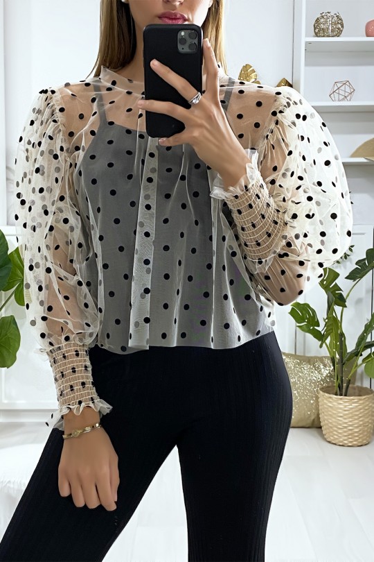 Beige voile blouse with small polka dots and puffed sleeves - 1