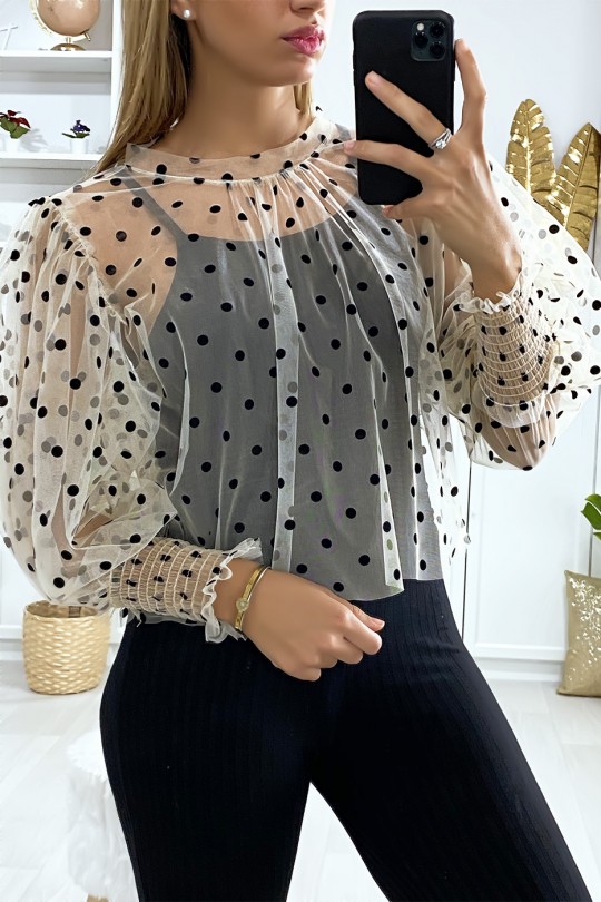 Beige voile blouse met kleine stippen en pofmouwen - 4