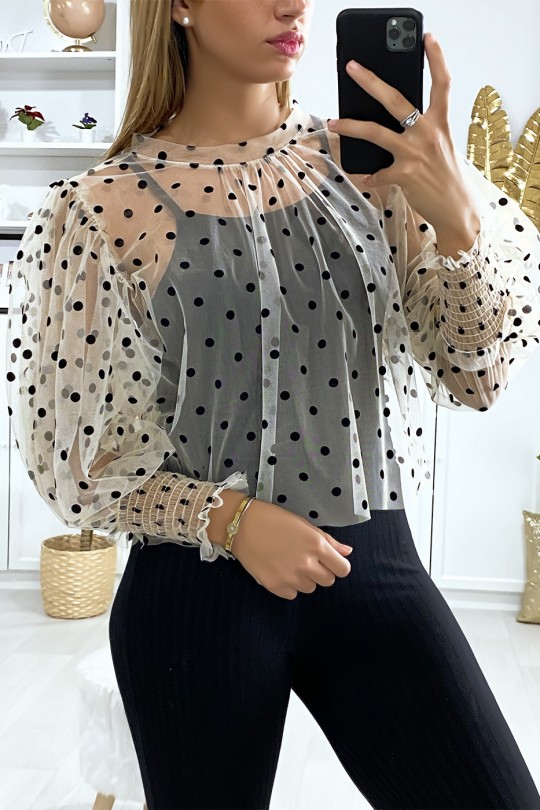 Beige voile blouse met kleine stippen en pofmouwen - 5