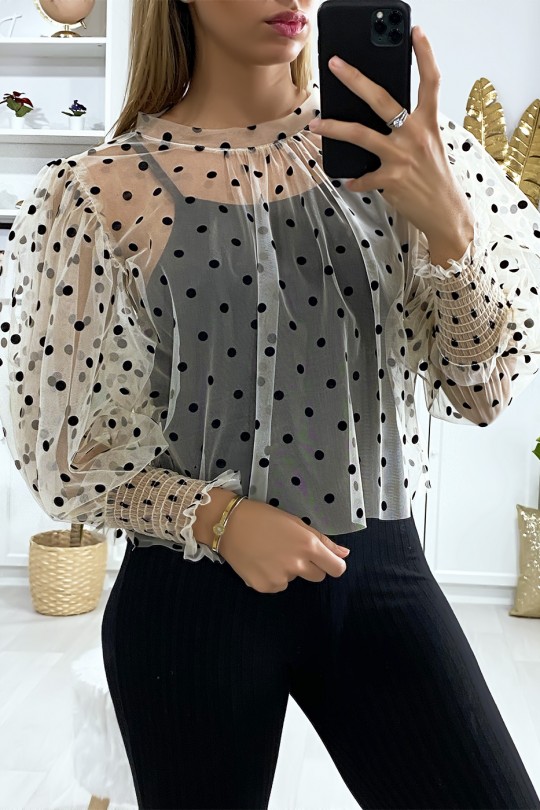 Beige voile blouse met kleine stippen en pofmouwen - 3