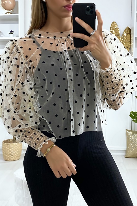 Beige voile blouse with small polka dots and puffed sleeves - 2