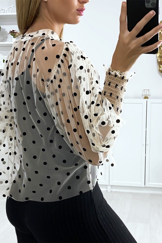 Beige voile blouse with small polka dots and puffed sleeves - 6