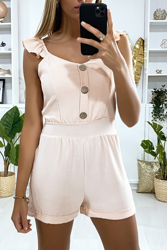 Pink jumpsuit with buttons and ruffles on the straps - 1