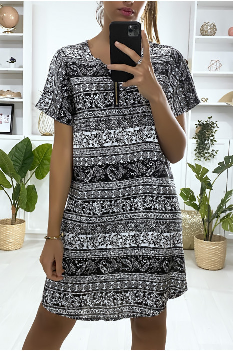 Robe tunique à à motif noir et blanc avec zip au col - 2