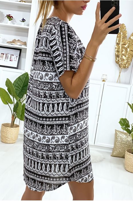 Robe tunique à à motif noir et blanc avec zip au col - 4