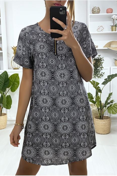 Robe tunique à à motif noir et blanc avec zip au col - 1
