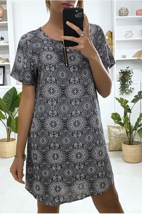 Robe tunique à à motif noir et blanc avec zip au col - 2
