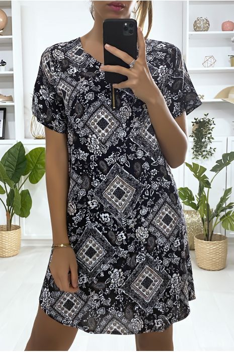 Robe tunique à à motif noir et blanc avec zip au col - 2