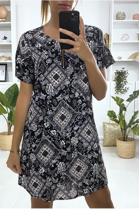 Robe tunique à à motif noir et blanc avec zip au col - 1