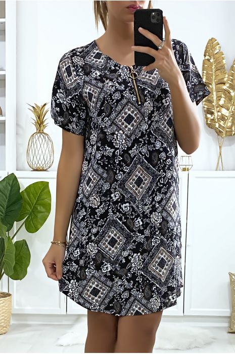 Robe tunique à à motif noir et blanc avec zip au col - 3