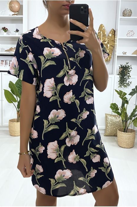 Robe tunique marine motif grosse fleures avec zip au col - 1
