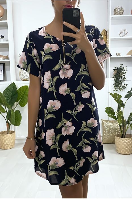Robe tunique marine motif grosse fleures avec zip au col - 2