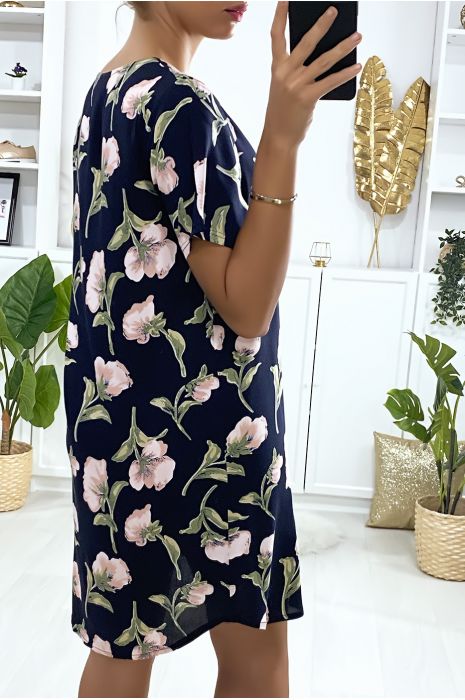 Robe tunique marine motif grosse fleures avec zip au col - 4