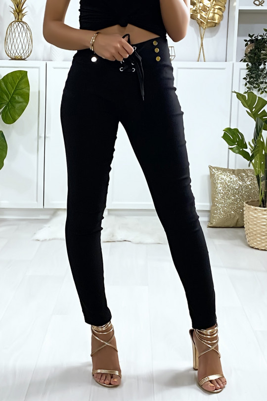 Pantalon slim en stretch noir avec lacet et boutons devant - 1