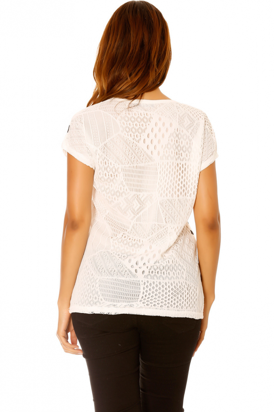 Tee-shirt blanc a pois, dos en dentelle . Femme MC 1737 - 4