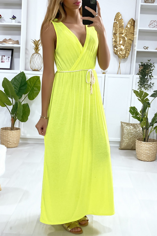 Longue robe croisé en jaune fluo avec ceinture en cordon - 3 Longue robe croisé en jaune fluo avec ceinture en cordon - 3