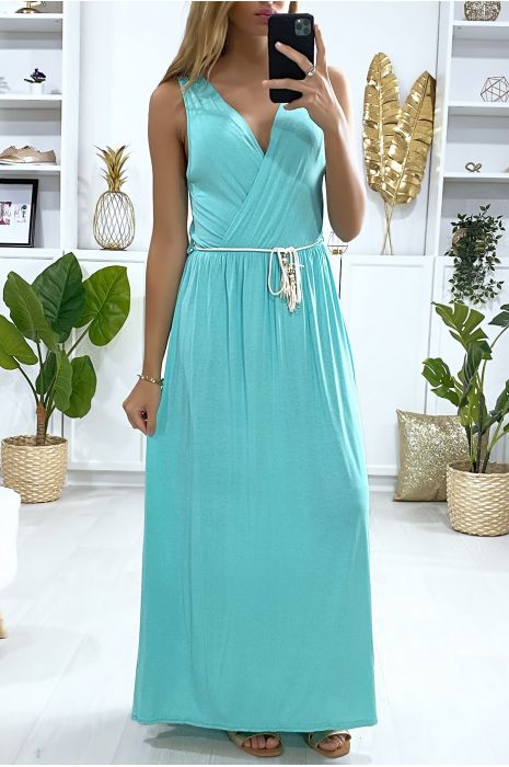 Longue robe croisé en turquoise avec ceinture en cordon - 1