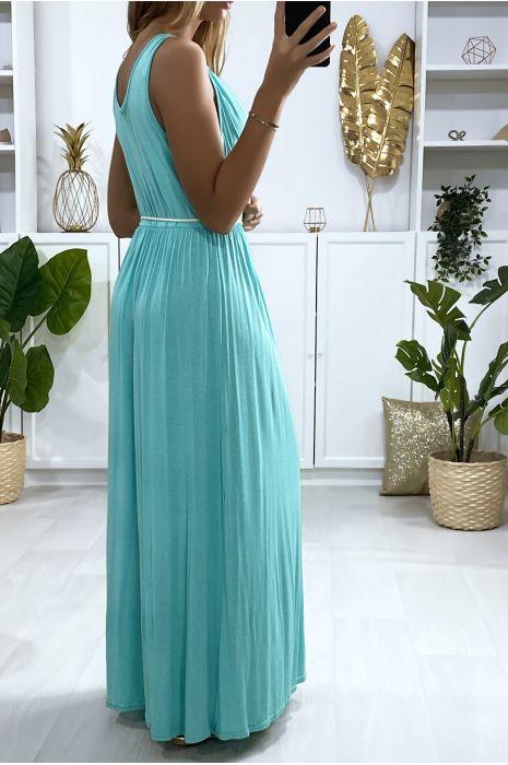 Longue robe croisé en turquoise avec ceinture en cordon - 4