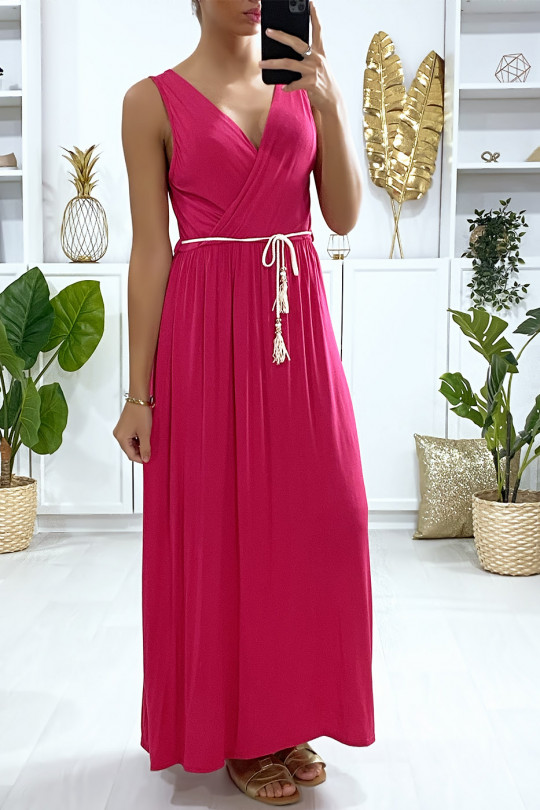Longue robe croisé en rose foncé avec ceinture en cordon - 2