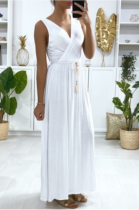 Longue robe croisé en blanche avec ceinture en cordon - 3