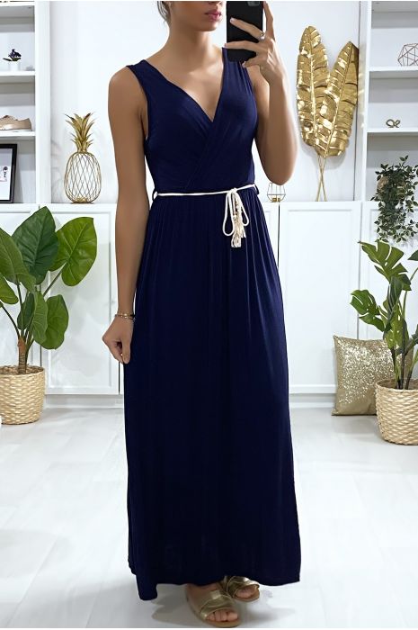 Longue robe croisé en marine avec ceinture en cordon - 2