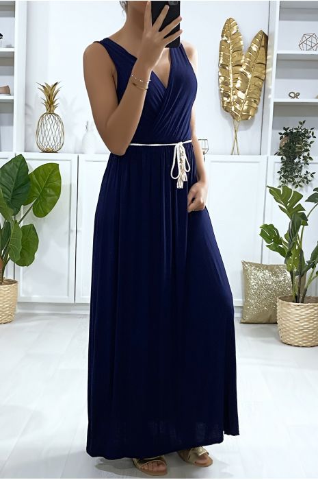 Longue robe croisé en marine avec ceinture en cordon - 3