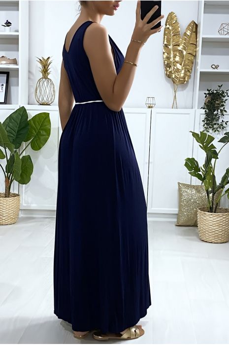 Longue robe croisé en marine avec ceinture en cordon - 5