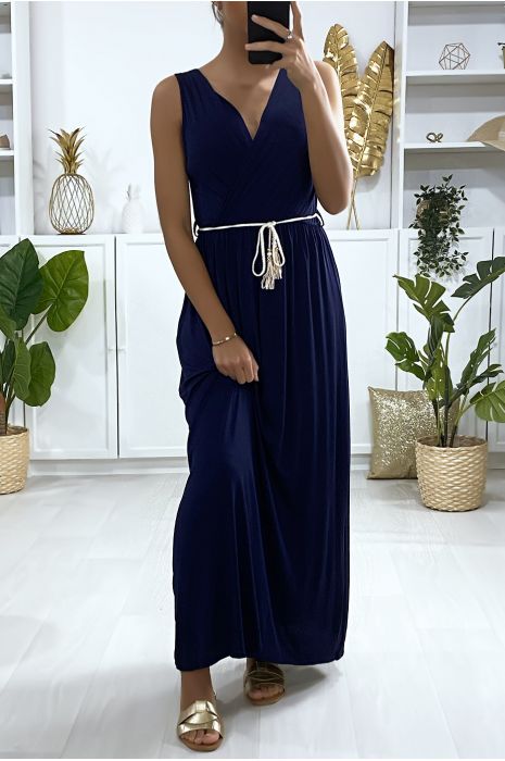 Longue robe croisé en marine avec ceinture en cordon - 1