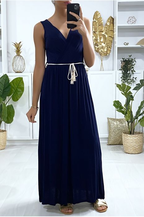 Longue robe croisé en marine avec ceinture en cordon - 4