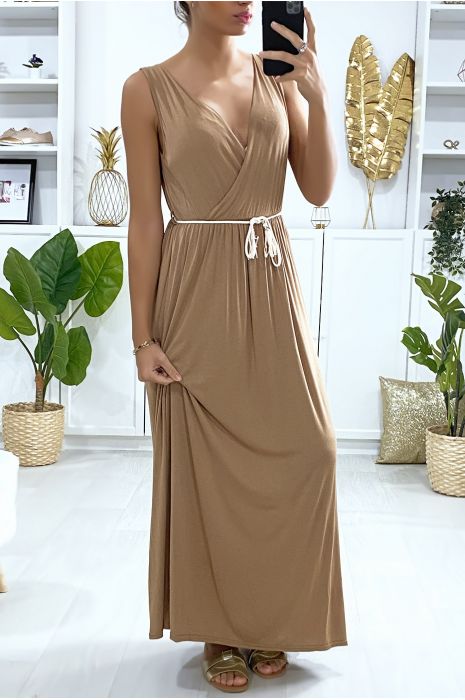 Longue robe croisé en camel avec ceinture en cordon - 2
