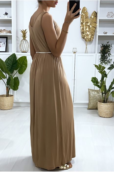 Longue robe croisé en camel avec ceinture en cordon - 4