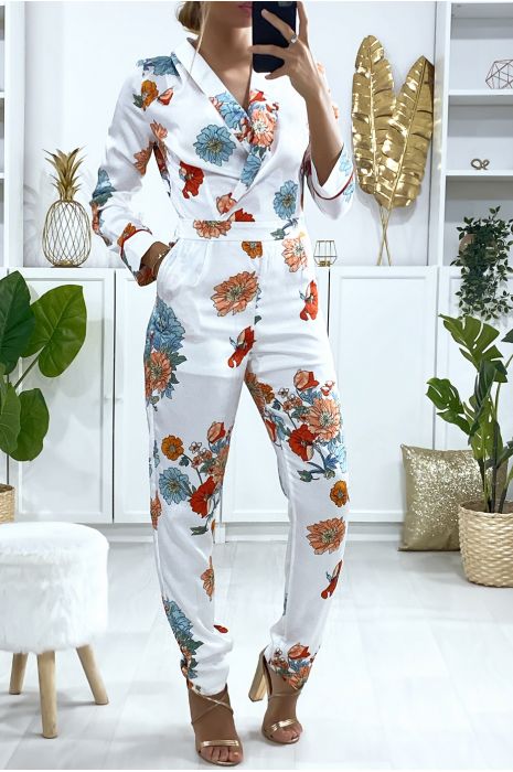 Combinaison blanche croisé à l'avant avec motif fleuris - 2