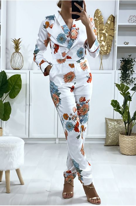 Combinaison blanche croisé à l'avant avec motif fleuris - 3