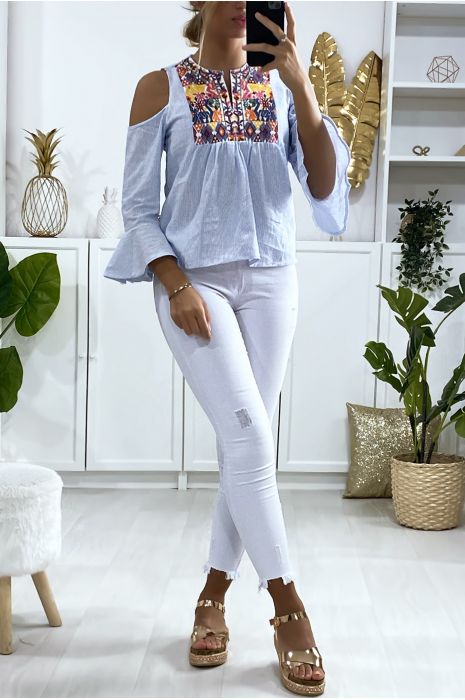 Blouse bleu épaules dénudés avec broderie au buste - 1
