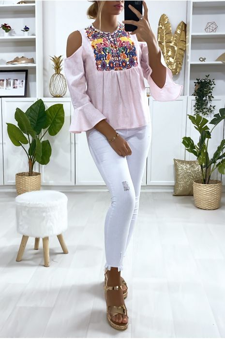 Blouse rose épaules dénudés avec broderie au buste - 1