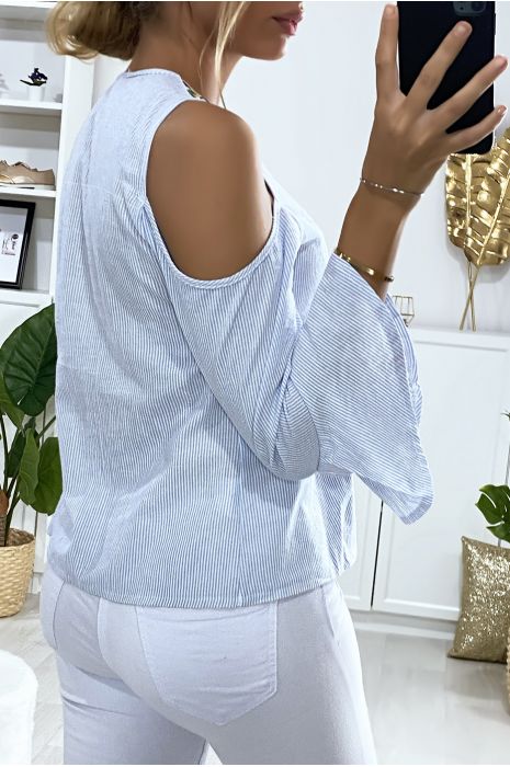 Blouse bleu épaules dénudés avec broderie au buste - 4