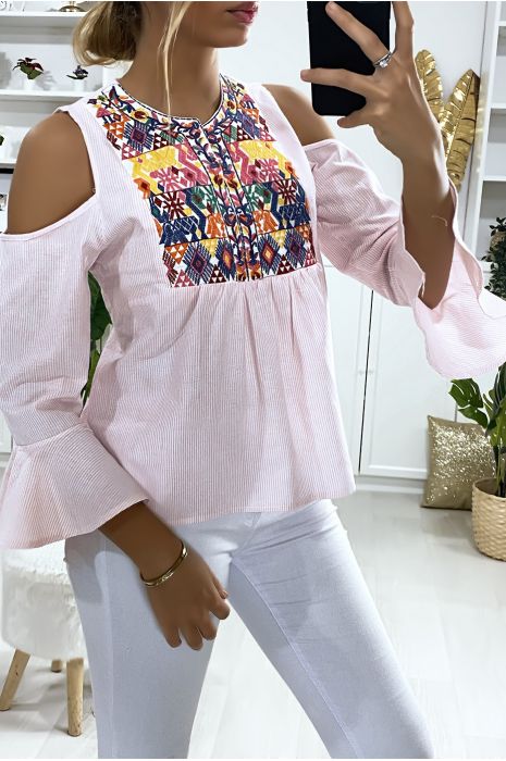 Blouse rose épaules dénudés avec broderie au buste - 4