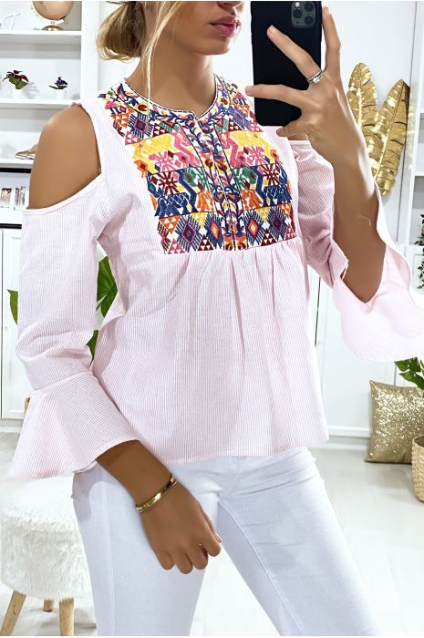 Blouse rose épaules dénudés avec broderie au buste - 3