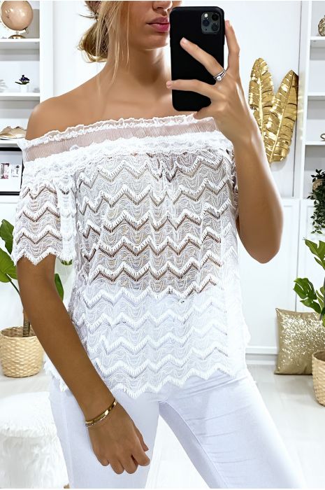 Witte kanten blouse met boothals - 3