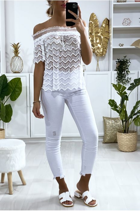 White lace blouse with boat neck - 1