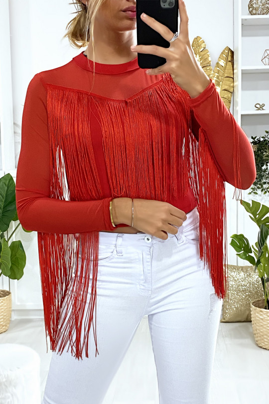 Red top with fringes and fishnet on the bust and sleeves - 2