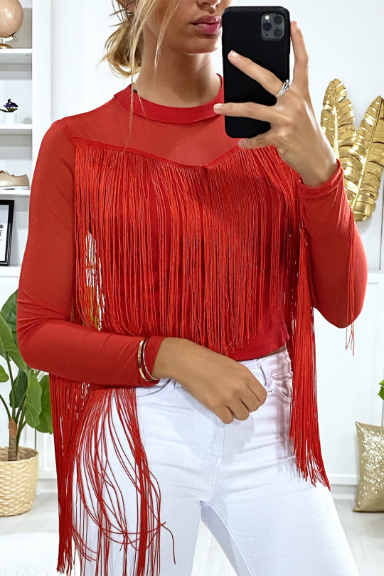 Red top with fringes and fishnet on the bust and sleeves - 1