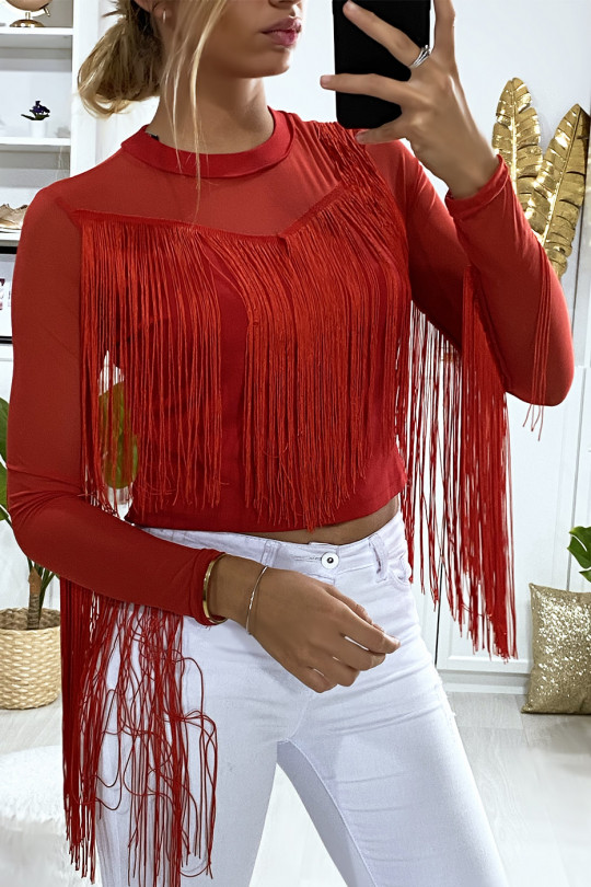 Red top with fringes and fishnet on the bust and sleeves - 3