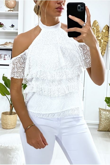 Witte kanten hoed met off-shoulder en ruches - 1