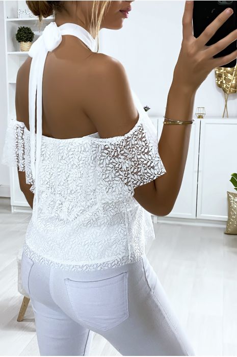 Witte kanten hoed met off-shoulder en ruches - 5