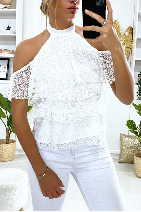 Haut en dentelle blanc avec épaules dénudé et volants - 3