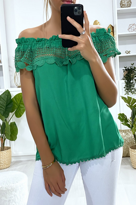 Green lace boat neck top - 3