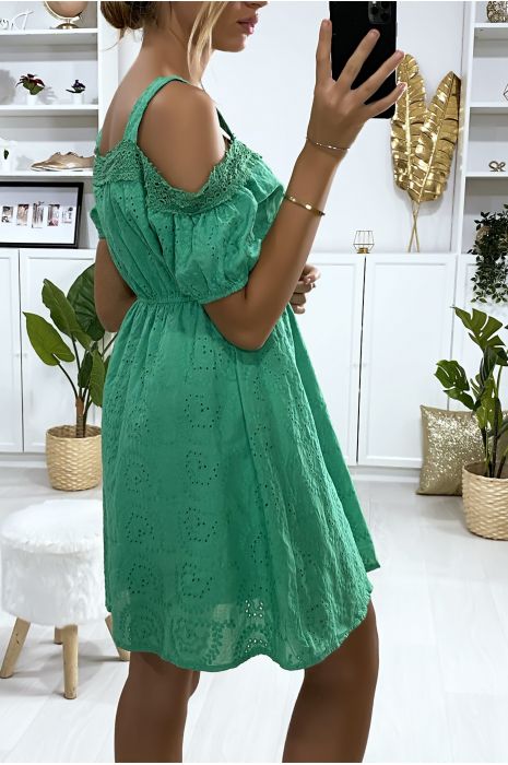 Robe verte en dentelle avec bretelle et col bateau - 6