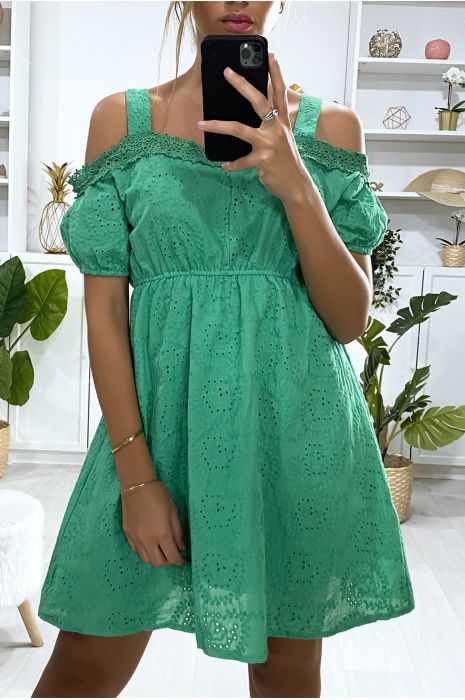 Robe verte en dentelle avec bretelle et col bateau - 4